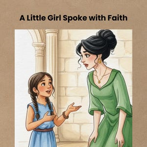 young servant girl speaking with faith to her mistress, Bible story illustration, trusting God, 2 Kings story for children