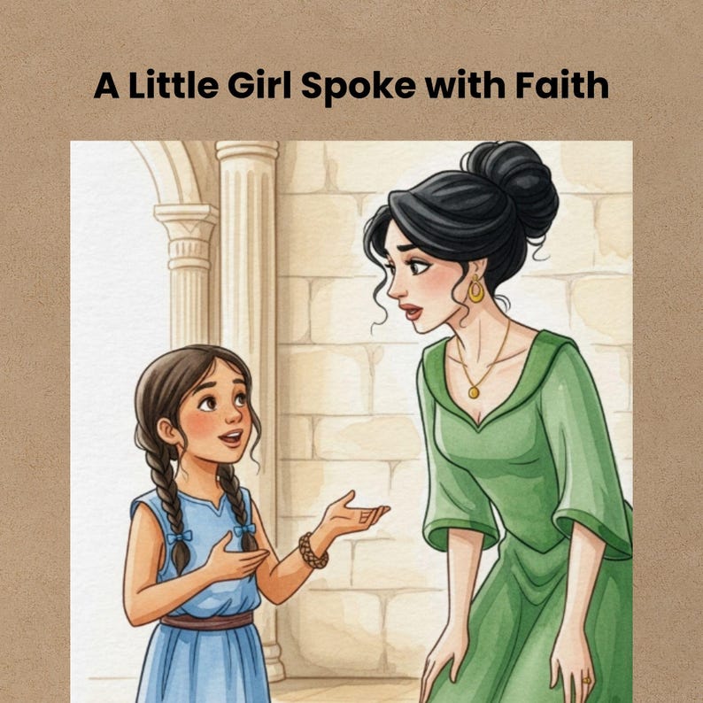 young servant girl speaking with faith to her mistress, Bible story illustration, trusting God, 2 Kings story for children