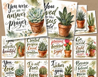 Botanical Bible Verse Prints, 12 Printable 4x4 Scripture Cards, Junk Journal PNG