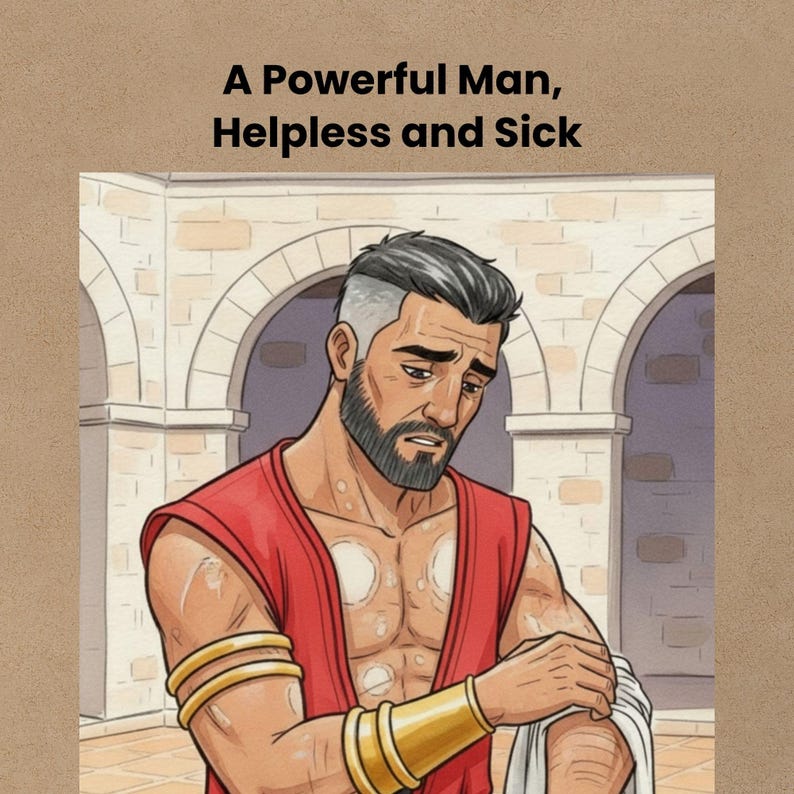 Naaman with leprosy looking worried, Bible story illustration for kids, Christian teaching about sickness and healing