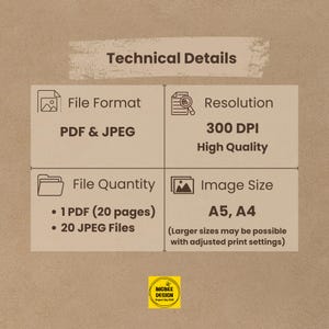 Printable Bible story product details showing PDF and JPEG format, 300 DPI resolution, 20 pages, and sizes A4 and A5 for easy printing and classroom use