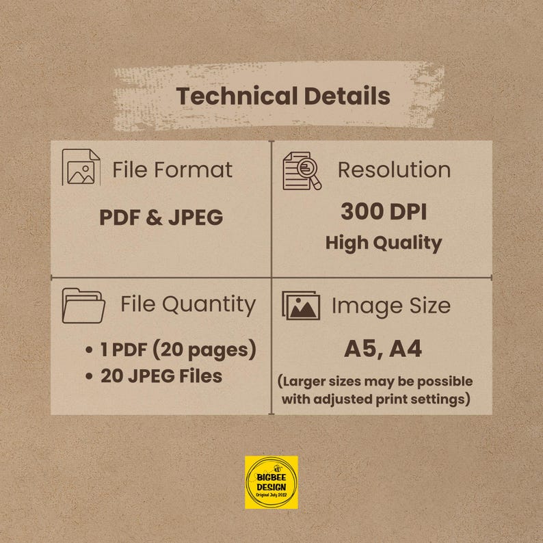 Printable Bible story product details showing PDF and JPEG format, 300 DPI resolution, 20 pages, and sizes A4 and A5 for easy printing and classroom use