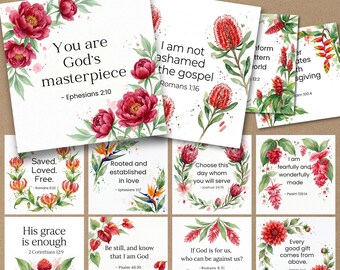 Floral Bible Verse Prints, 12 Scripture Gift Notes, Christian Printable Set