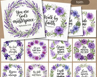 Floral Bible Verse Prints, 12 Printable 4x4 Scripture Cards, Faith Coaster PNG
