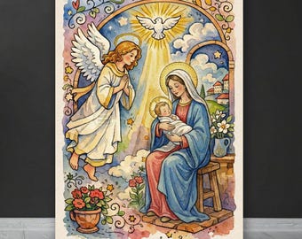 Virgin Mary and Baby Jesus Printable Christian Art Print, Madonna and Child Bible Illustration
