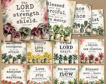 Botanical Scripture Cards, 12 Printable Bible Verse Prints, Prayer Journal PNG