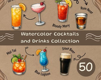 Imágenes prediseñadas de cócteles en acuarela: 50 ilustraciones de bebidas en formato PNG (descarga digital)