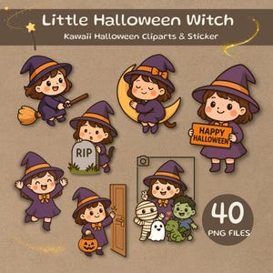 Clipart de bruja de Halloween kawaii: 40 pegatinas PNG (descarga digital)