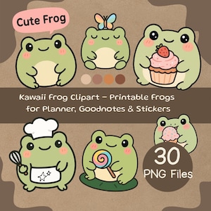 Pegatinas digitales Kawaii Frog – 30 PNG Clipart para GoodNotes & Planner / Descarga instantánea