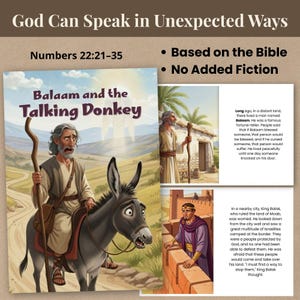 Children’s Bible story printable titled “God Can Speak in Unexpected Ways” based on Numbers 22:21–35, featuring Balaam riding a donkey on a desert path, with preview pages showing illustrated Bible scenes for kids