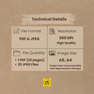Technical specifications: PDF and JPEG formats, 300 DPI high quality, 20-page document plus individual files, A5 and A4 sizes for home printing. Christian Bible storybook details for Sunday school and homeschool religious education materials.