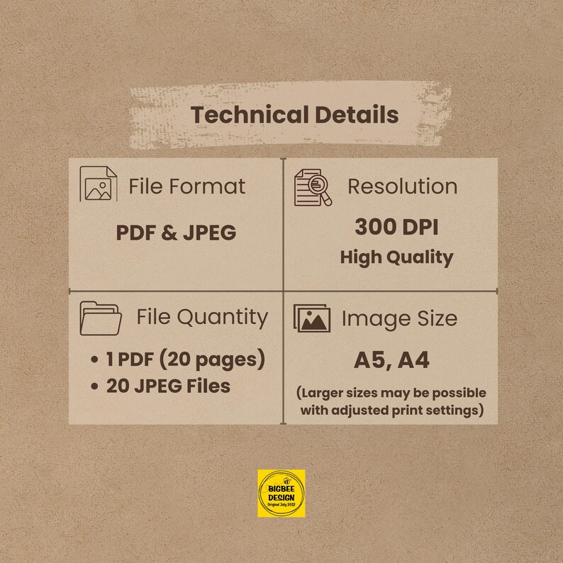 Technical specifications: PDF and JPEG formats, 300 DPI high quality, 20-page document plus individual files, A5 and A4 sizes for home printing. Christian Bible storybook details for Sunday school and homeschool religious education materials.