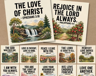 Bible Verse Coaster Prints, 12 Christian Scripture Cards, 4x4 PNG JPG