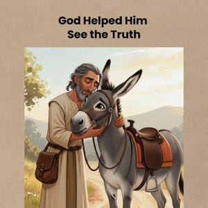 Balaam gently holding and hugging the donkey after realizing the truth, a peaceful ending scene from a Bible story printable for kids about God opening his eyes