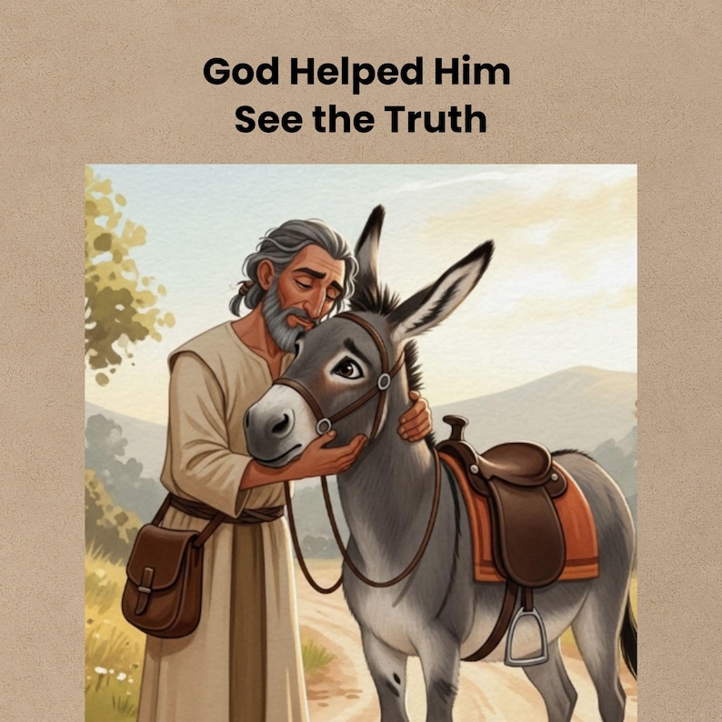 Balaam gently holding and hugging the donkey after realizing the truth, a peaceful ending scene from a Bible story printable for kids about God opening his eyes