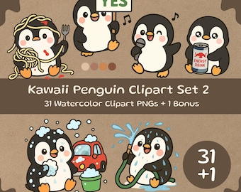 Kawaii pinguïn-clipartset: aquarel Chibi-stickers (PNG's, digitale download