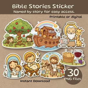 May include: A collection of colorful Bible Stories stickers featuring illustrations of Noah's Ark, Adam and Eve, Jesus, and other biblical scenes. The stickers are labeled "Bible Stories Sticker" and are available as printable or digital files.