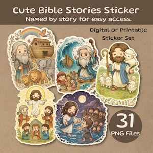 Pode incluir: Um conjunto de autocolantes ilustrados e coloridos com cenas da Bíblia, incluindo a Arca de Noé, Moisés e Jesus. Os autocolantes incluem o texto "Cute Bible Stories Sticker" e "Digital or Printable Sticker Set". O conjunto inclui 31 ficheiros PNG.