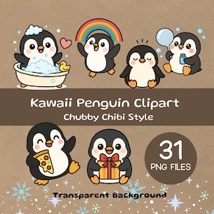 Puede incluir: Una colección de imágenes prediseñadas de pingüinos de dibujos animados en un estilo chibi regordete. Los pingüinos se representan en varias poses, como bañándose, sosteniendo un arcoíris, soplando burbujas y sosteniendo pizza y un regalo. La imagen incluye el texto "Kawaii Penguin Clipart" y "31 PNG FILES".