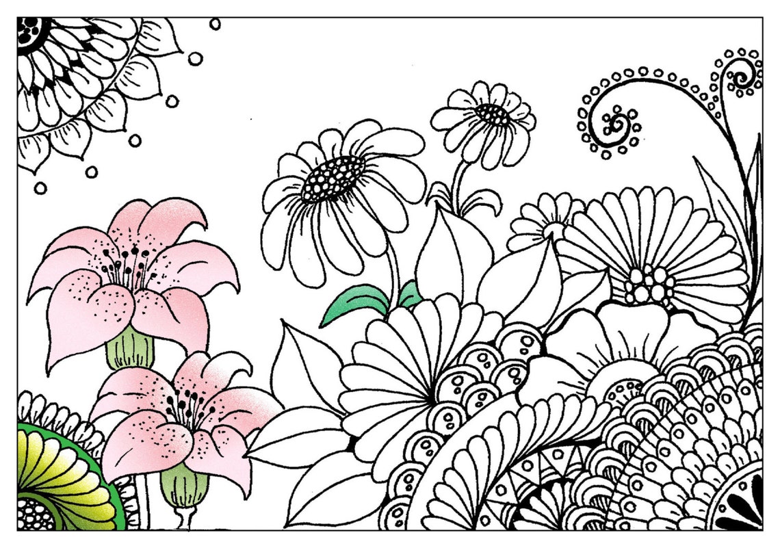 Blooming Flowers Zentangle Coloring Page: Pen and Ink Art (PDF Download ...
