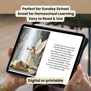 Tablet displaying a printable Bible story page with an angel and Balaam, shown as a digital download for Sunday school or homeschool Christian learning