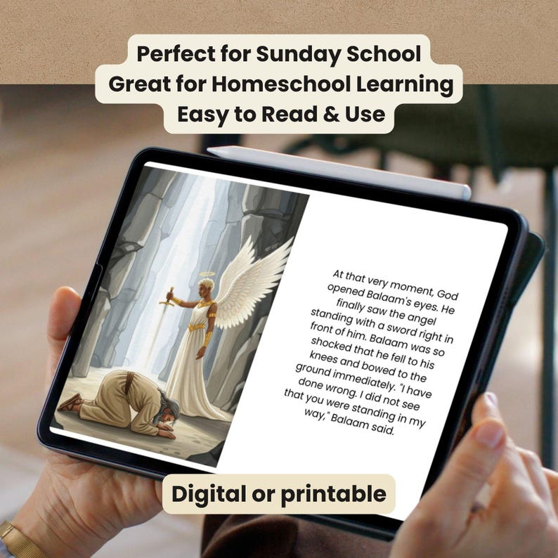 Tablet displaying a printable Bible story page with an angel and Balaam, shown as a digital download for Sunday school or homeschool Christian learning