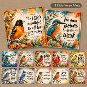 Op de afbeelding: Set van 12 Bijbelvers prints met aquarel illustraties van kleurrijke vogels. Elke print bevat een Schriftcitaat. De bovenste twee prints tonen de teksten "De HEERE is getrouw in al Zijn beloften" en "Hij geeft kracht aan de zwakke".