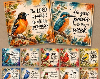 Bird Bible Verse Coaster Prints, 12 Printable 4x4 Scripture Cards, PNG JPG