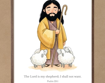 Christian Nursery Wall Art, 2 Prints Psalm 23:1 Jesus Good Shepherd Printable