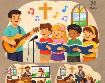 Sunday School Clipart, 21 PNG Files, Church Kids Classroom Activity Scenes