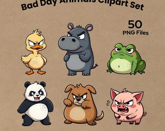 Angry Animals Clipart, 50 PNG Files, Bad Day Animal Bundle