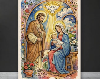 Holy Family with Baby Jesus Printable Christian Art Print, Mary Joseph and Child Illustration