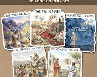 Bible Story Illustrations, 26 PNG Christian Labeled Set