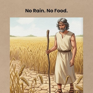Prophet Elijah in beige robe holding wooden staff standing in drought-stricken wheat field with cracked dry ground and withered crops. Biblical scene showing land without rain during famine in ancient Israel.