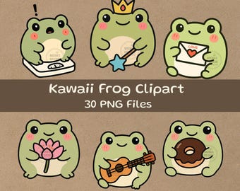 Imágenes prediseñadas de ranas kawaii, 30 archivos PNG, ilustraciones de la vida cotidiana de las ranas
