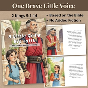 Bible storybook for kids about Naaman healing, illustrated Christian story, based on 2 Kings 5, no added fiction, printable PDF and JPEG