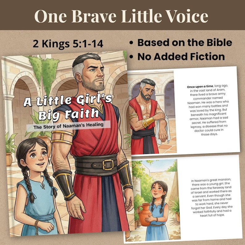 Bible storybook for kids about Naaman healing, illustrated Christian story, based on 2 Kings 5, no added fiction, printable PDF and JPEG