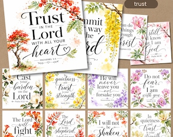 Bible Verse Coaster Prints, 12 Printable 4x4 Scripture Cards, Trust PNG JPG