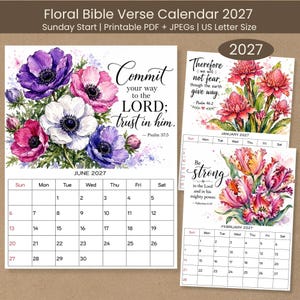 2027 Christian Calendar, 12 Monthly Bible Verse Pages, Floral Scripture Printable PDF