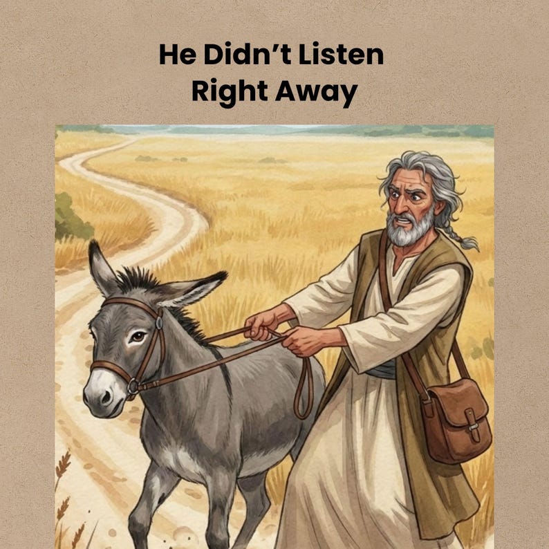 Balaam pulling and hitting his donkey on a dusty road, showing a moment of frustration in a Christian children’s story about learning to listen to God