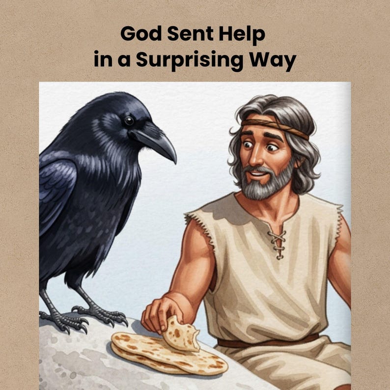 Black raven bringing bread to amazed prophet Elijah sitting by rocks, showing God providing in unexpected way. Biblical miracle scene with flatbread and surprised expression. Christian storybook illustration for teaching about faith and divine provision.