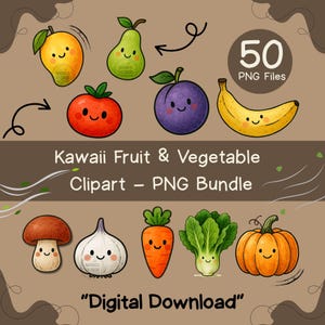 50 Kawaii Fruit & Vegetable Stickers | Watercolor PNG for GoodNotes Digital Planning
