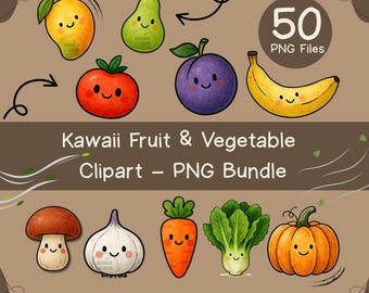 50 Adesivos Kawaii de Frutas e Vegetais | PNG em Aquarela para Planejamento Digital GoodNotes