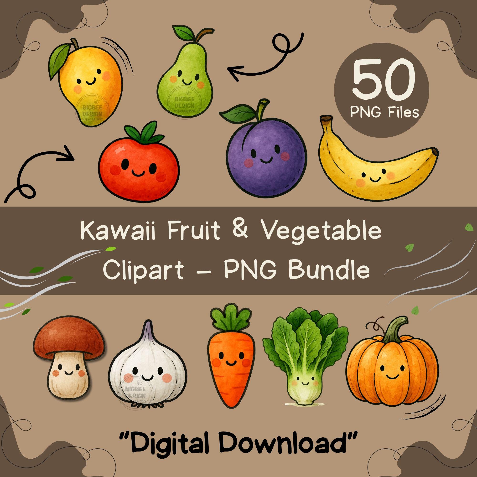 50 Kawaii Fruit & Vegetable Stickers | Watercolor PNG for Goodnotes ...