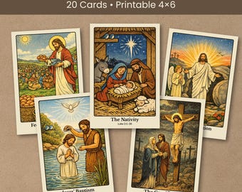 Bible Story Flashcards, 20 Cards, Printable 4x6 Christian Learning Cards