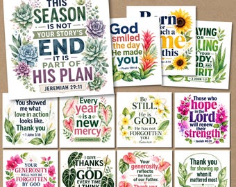 Floral Bible Verse Prints, 12 4x4 Christian Cards, Printable Scripture Set
