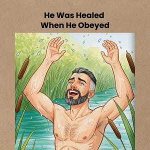 Naaman healed in the Jordan River, joyful expression, Bible miracle story illustration for kids, obedience and faith