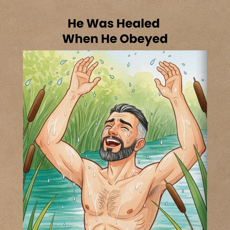 Naaman healed in the Jordan River, joyful expression, Bible miracle story illustration for kids, obedience and faith