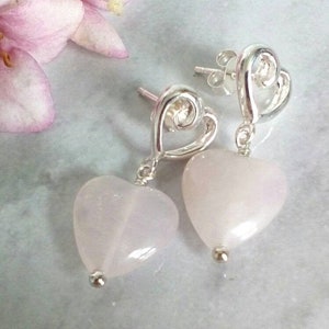 Rose Quartz Earrings, Rose Quartz Earrings Silver, Rose Quartz Dangle Earrings, Feminine Jewelry, Pink Heart Jewelry, Special Friend Gift image 2