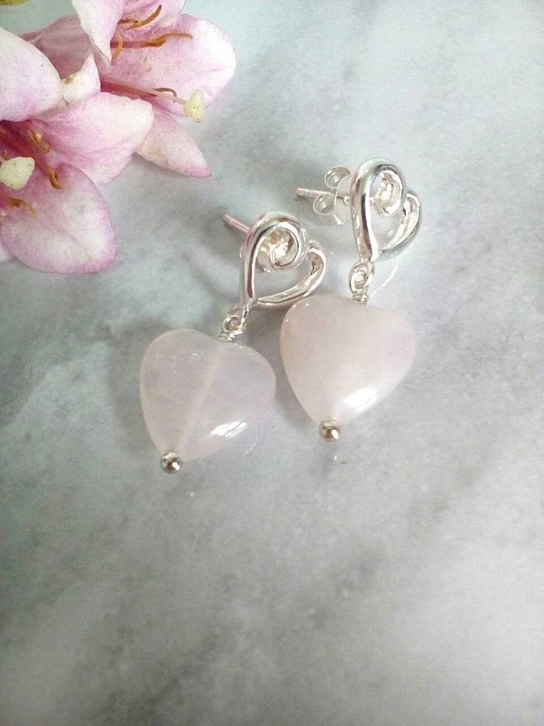 Rose Quartz Earrings, Rose Quartz Earrings Silver, Rose Quartz Dangle Earrings, Feminine Jewelry, Pink Heart Jewelry, Special Friend Gift image 2